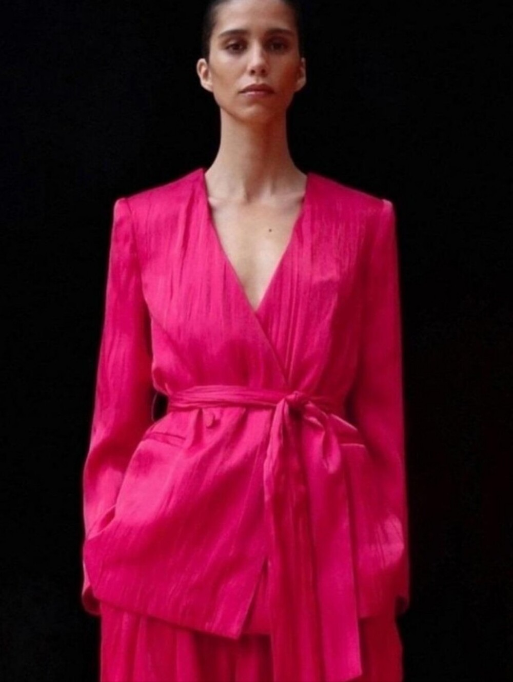 ZARA Wrinkle Effect Belted Blazer Fuchsia Satin Wrap Jacket, Sz M